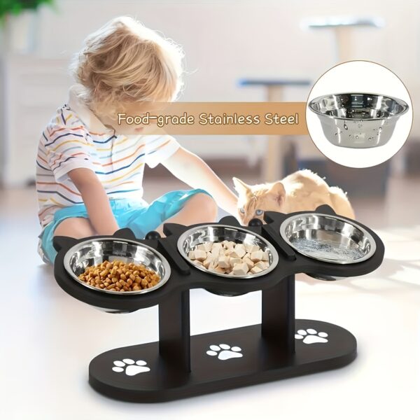 Elevated Cat Bowls 15° Tilted Raised Cat Food Bowls with Wooden Stand Anti Vomiting 3 Stainless Steel Bowls for Cats and Puppy - Image 7
