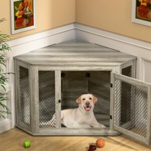 Coner Dog Crate Furniture, 52" Wooden Dog Kennel Furniture End Table with Mesh, Dog Kennel Indoor Furniture for Small Medium