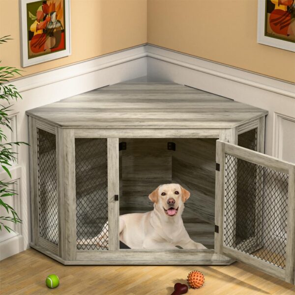 Coner Dog Crate Furniture, 52" Wooden Dog Kennel Furniture End Table with Mesh, Dog Kennel Indoor Furniture for Small Medium
