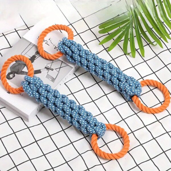 Dual-Handle Braided Rope Knot Pet Toy for All Dog Breeds - Durable Teeth Cleaning Chew Toy in Blue and Orange, Polyester Blend - Image 2