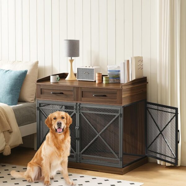 Heavy Duty Dog Crate Furniture, 39.4” Dog Kennel with Drawers, Wooden Dog Cage Indoor Side End Table for Medium Large Dogs, Tri - Image 2