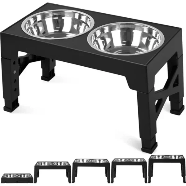 5 Height-Adjustable Raised Dog Bowl Racks with 2 Stainless Steel Food Bowls, Dog Bowl for Large Dogs and Cats (Black)