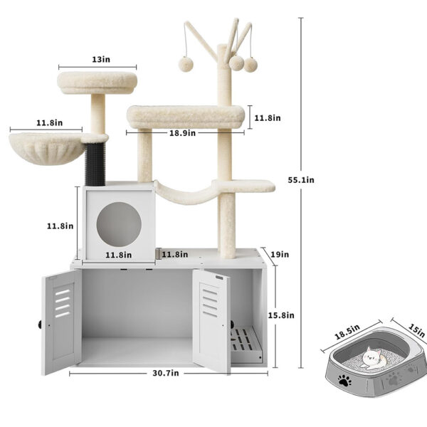 Litter Box Enclosure with Cat Tree Tower Condo - 3-in-1 Cat House Multi-Level Design for Climbing, Wooden Cat Furniture - Image 6