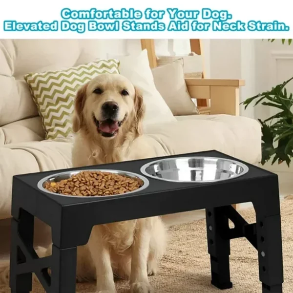 5 Height-Adjustable Raised Dog Bowl Racks with 2 Stainless Steel Food Bowls, Dog Bowl for Large Dogs and Cats (Black) - Image 3