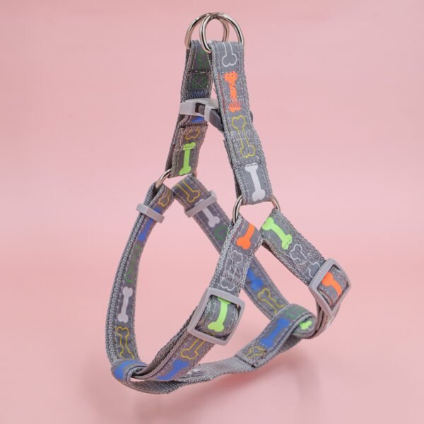 A colorful bone tripod pet dog harness for indoor and outdoor use