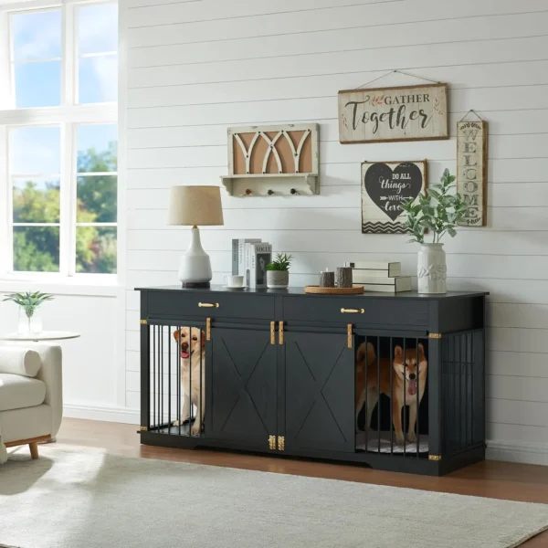 EDYO LIVING Extra Large Furniture Style Double Dog Crates, 72.5" Farmhouse Wooden Dog Kennel Furniture with Drawers, Divider, Wa - Image 3