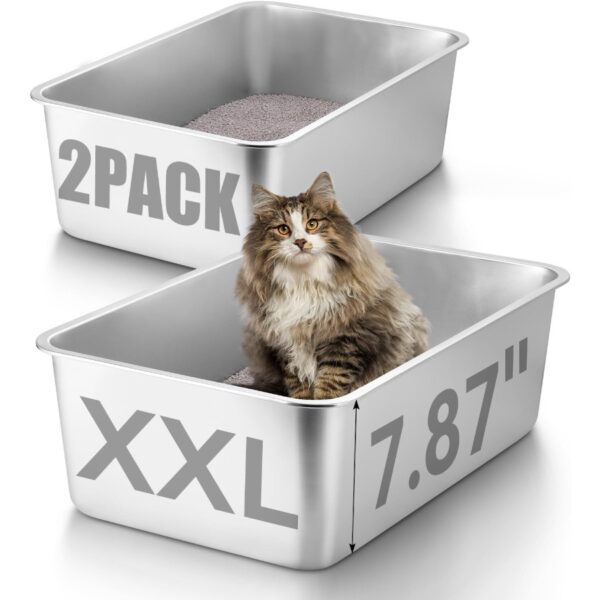 2 Pack Extra Deep Large Stainless Steel Cat Litter Box 23.6 x 15.7 x 8 with High Sides for Big Cats XXL Metal Litter Box Design