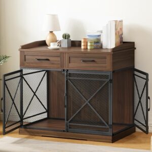Heavy Duty Dog Crate Furniture, 39.4” Dog Kennel with Drawers, Wooden Dog Cage Indoor Side End Table for Medium Large Dogs, Tri
