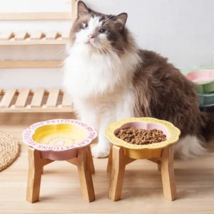 Persian Cat Ceramic Food Bowl with Wooden Shelf Anti-Black Chin Anti-Knockover Small Dog Bowl Includes Water Cup for Canned Food