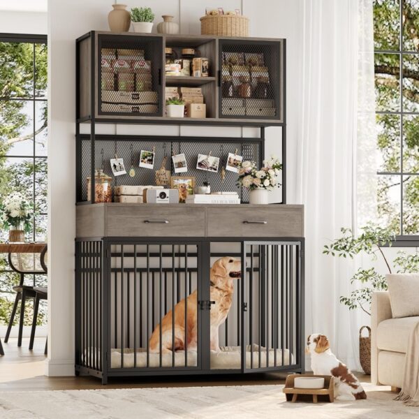 71" Tall Dog Crate Furniture, Indoor Kennel with Hutch, 42" W Dog Cage for Large/Medium Dogs, Wood Crates with 2 Storag - Image 3