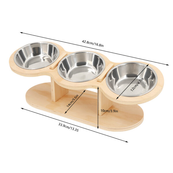 Cat 3 Bowls in 1 Feeder Feeding & Watering Supplies Food Bowl 15-Degree Tilt Raised Puppy 3 Stainless Steel Bowls Wood Brackets - Image 7