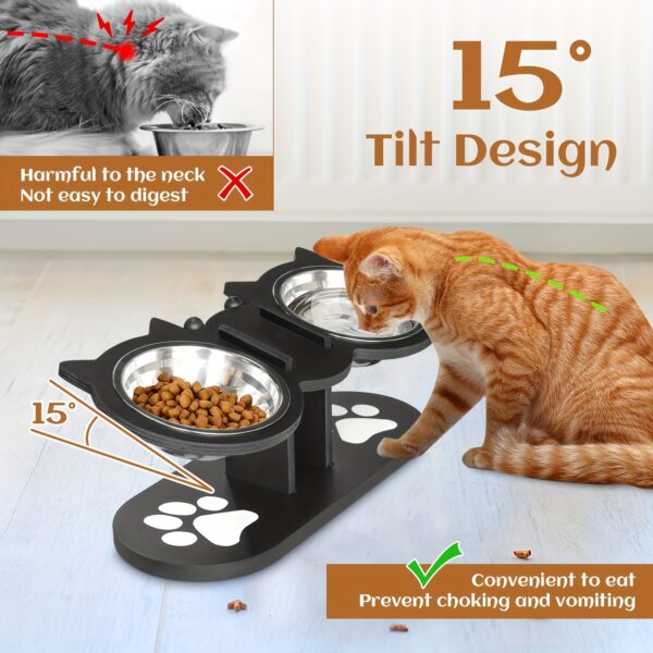 Elevated Cat Bowls 15° Tilted Raised Cat Food Bowls with Wooden Stand Anti Vomiting 3 Stainless Steel Bowls for Cats and Puppy - Image 5