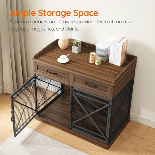 Heavy Duty Dog Crate Furniture, 39.4” Dog Kennel with Drawers, Wooden Dog Cage Indoor Side End Table for Medium Large Dogs, Tri - Image 3
