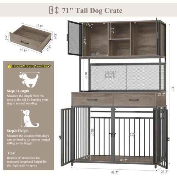71" Tall Dog Crate Furniture, Indoor Kennel with Hutch, 42" W Dog Cage for Large/Medium Dogs, Wood Crates with 2 Storag - Image 4