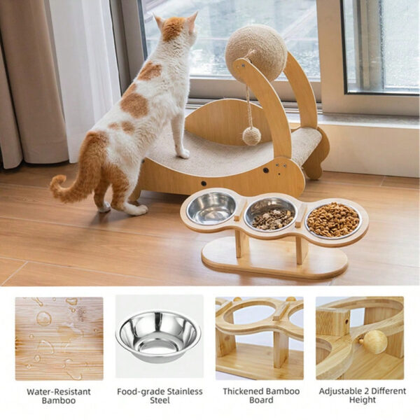 Cat 3 Bowls in 1 Feeder Feeding & Watering Supplies Food Bowl 15-Degree Tilt Raised Puppy 3 Stainless Steel Bowls Wood Brackets - Image 4