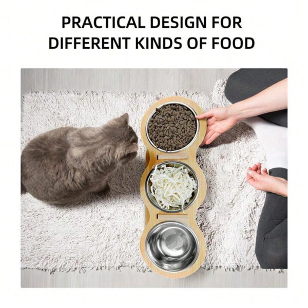 Cat 3 Bowls in 1 Feeder Feeding & Watering Supplies Food Bowl 15-Degree Tilt Raised Puppy 3 Stainless Steel Bowls Wood Brackets - Image 5