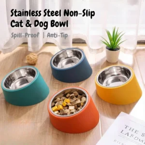Stainless Steel Cat & Dog Bowl with Non-Slip Angled Base – Spill-Proof Anti-Tip Cat and Dog Feeder Easy Clean Food-Grade Metal