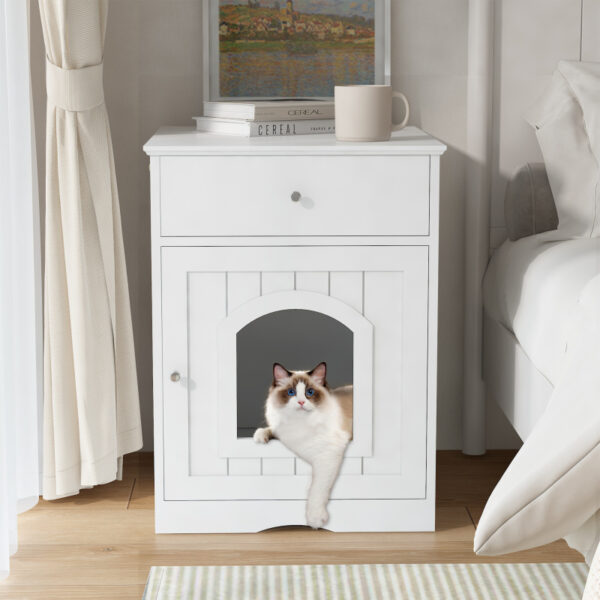 Wooden House Litter Box Enclosure With Drawer Side Table Indoor Pet Crate Cat Home The Combination Of Cat Nest And Bedside Table