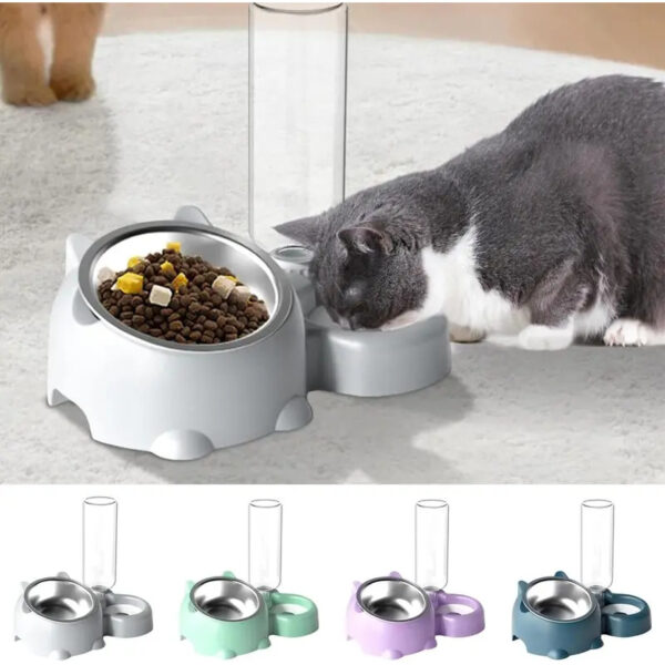 Cat Food And Water Bowl Set Adjustable Tilted Food Water Bowl Automatic Water Dispenser Bottle No Spill Pet Feeder For Cats Dogs - Image 3