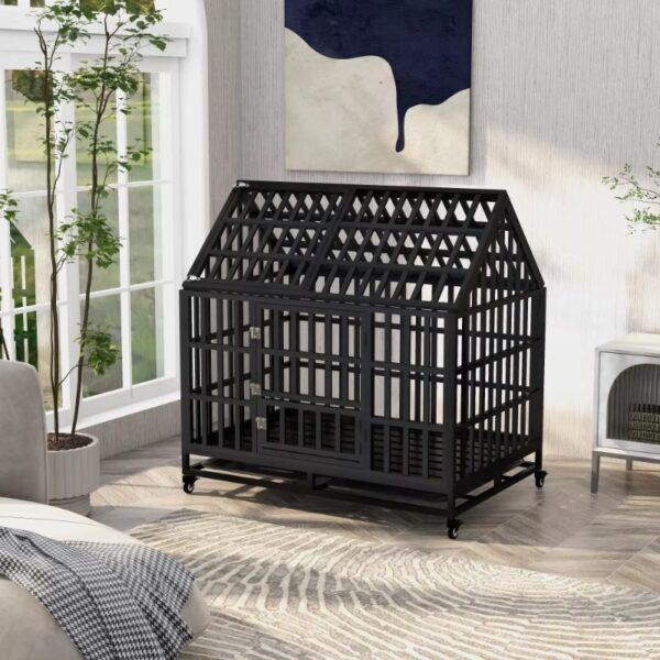 Heavy Duty Dog Cage with Roof Rust-Resistant Steel Locking Casters Feeding Door Ideal for Medium & Large Dogs Dog House Kennel - Image 2