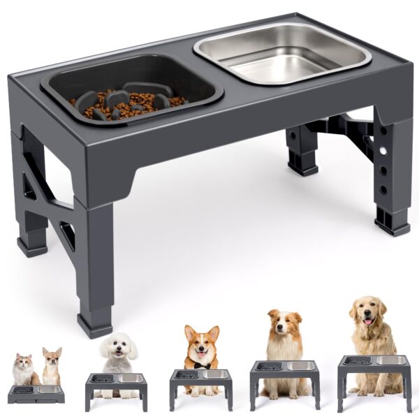 2-in-1 Elevated Slow Feeder Dog Bowls, Non-Slip Stainless Steel/Plastic/ Pet Food & Water Bowls with Foldable Stand - Image 7