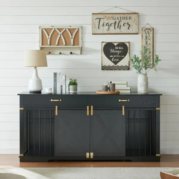 EDYO LIVING Extra Large Furniture Style Double Dog Crates, 72.5" Farmhouse Wooden Dog Kennel Furniture with Drawers, Divider, Wa