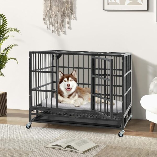 Masterpiece  38 Inch Foldable Metal Dog Crate, Heavy Duty Dog Cage With 2 Lockable Doors, Removable Tray, Lockable Unive - Image 2