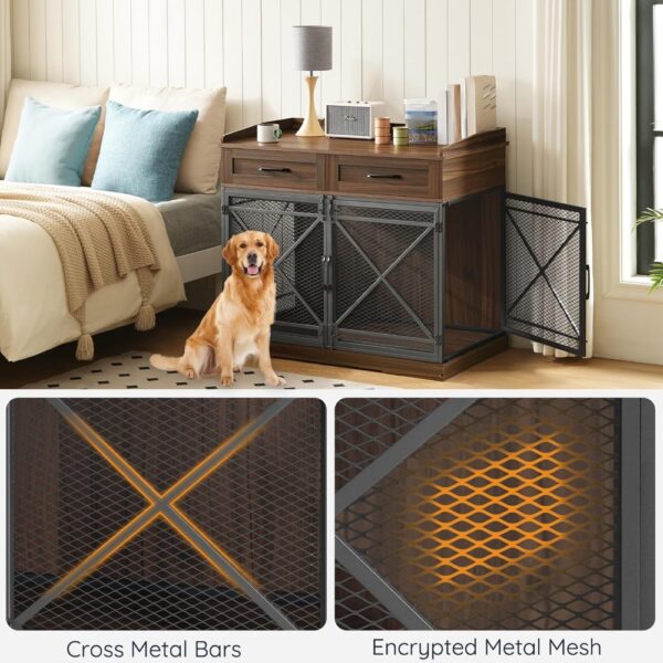 Heavy Duty Dog Crate Furniture, 39.4” Dog Kennel with Drawers, Wooden Dog Cage Indoor Side End Table for Medium Large Dogs, Tri - Image 5