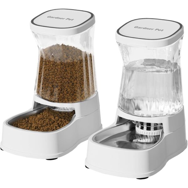 Automatic Pets Gravity Feeder and Water Dispenser Set, 1Gallon x 2 Stainless Steel Food Feeder and Waterer, 100% BPA-Free Water