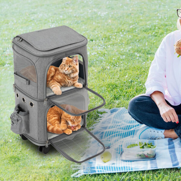 Cat Carrier Double-Compartment Pet Rolling Carrier with Wheels Super Ventilated Design,Ideal for Traveling Hiking Camping - Image 4