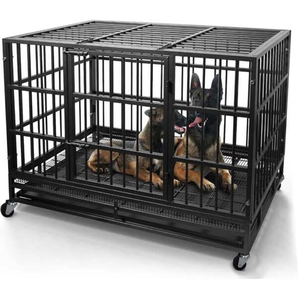 Heavy Duty Dog Crate Cage Kennel with Wheels, High Anxiety Indestructible, Sturdy Locks Design, Double Door and Removable Tray - Image 2