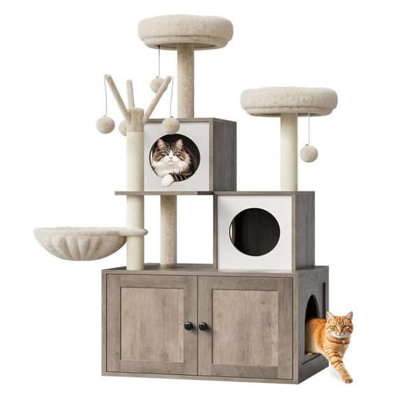 Litter Box Enclosure with Cat Tree Tower Condo - 3-in-1 Cat House Multi-Level Design for Climbing, Wooden Cat Furniture - Image 2