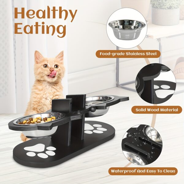 Elevated Cat Bowls 15° Tilted Raised Cat Food Bowls with Wooden Stand Anti Vomiting 3 Stainless Steel Bowls for Cats and Puppy - Image 6