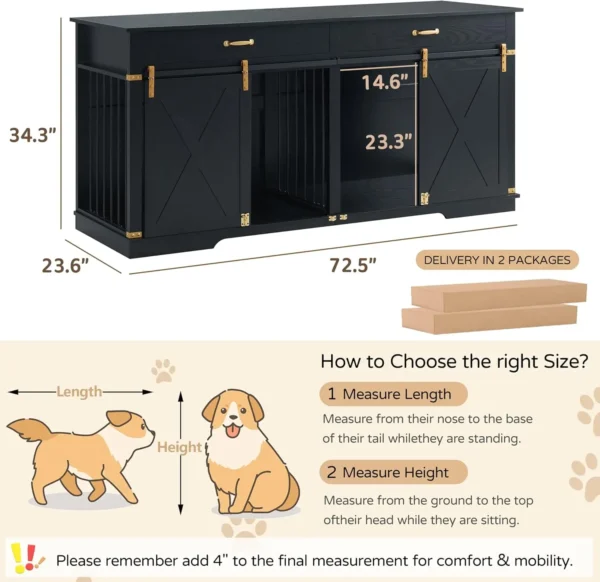 EDYO LIVING Extra Large Furniture Style Double Dog Crates, 72.5" Farmhouse Wooden Dog Kennel Furniture with Drawers, Divider, Wa - Image 2