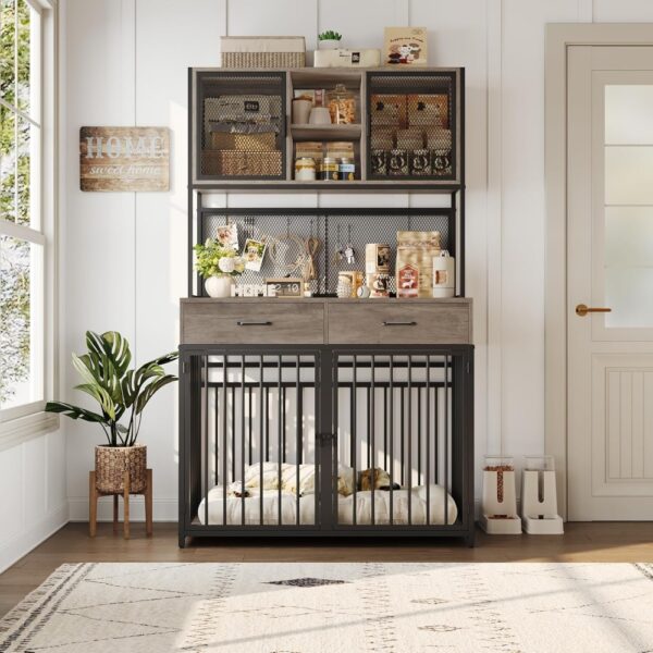 71" Tall Dog Crate Furniture, Indoor Kennel with Hutch, 42" W Dog Cage for Large/Medium Dogs, Wood Crates with 2 Storag - Image 2