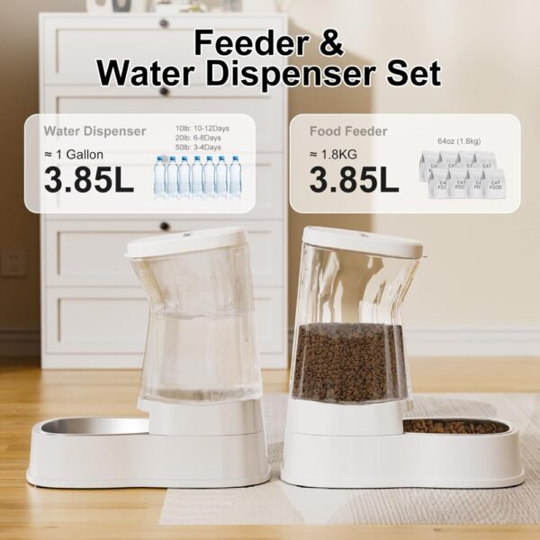 Automatic Pets Gravity Feeder and Water Dispenser Set, 1Gallon x 2 Stainless Steel Food Feeder and Waterer, 100% BPA-Free Water - Image 2