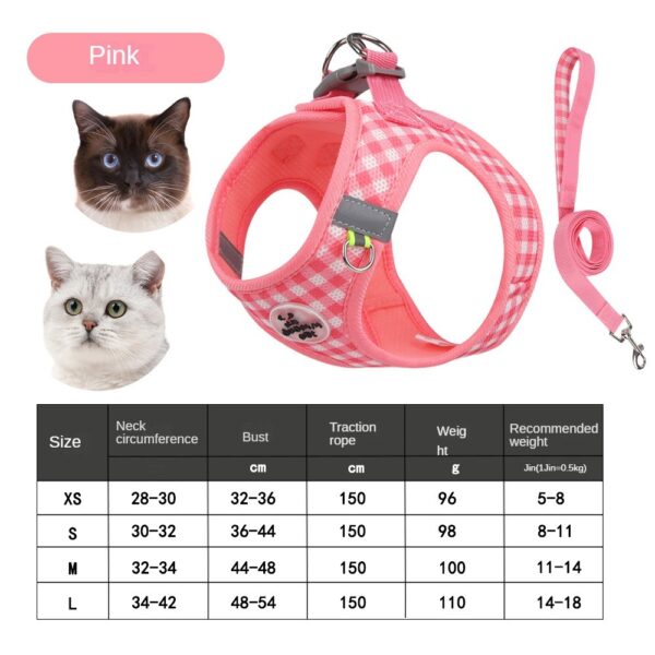 Breathable Polyester Cat Harness with Metal Clasps Reflective Straps Adjustable Festive Gingham Pet Harness for Safe Night Walks - Image 6