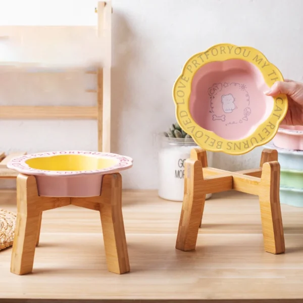 Persian Cat Ceramic Food Bowl with Wooden Shelf Anti-Black Chin Anti-Knockover Small Dog Bowl Includes Water Cup for Canned Food - Image 3