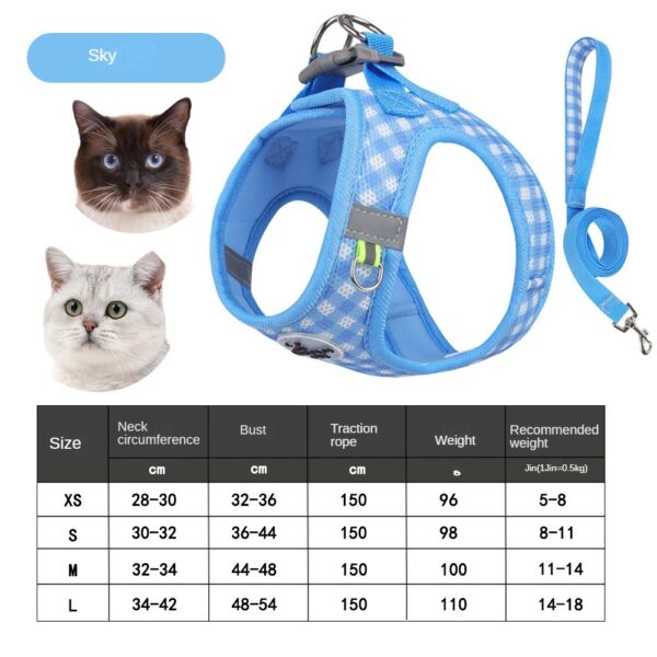Breathable Polyester Cat Harness with Metal Clasps Reflective Straps Adjustable Festive Gingham Pet Harness for Safe Night Walks - Image 7