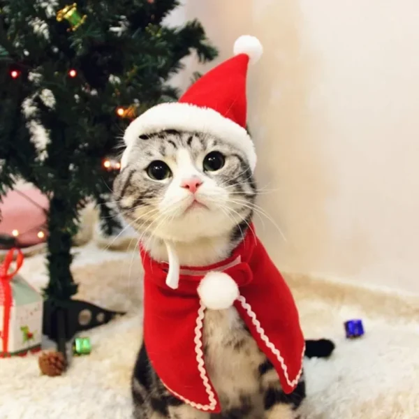Christmas Cat Cloak Scarf Dog Pet Cosplay Costume Xmas Kitten Plush Santa Hat Funny Birthday Party Mantle Dress Up Apparel - Image 2