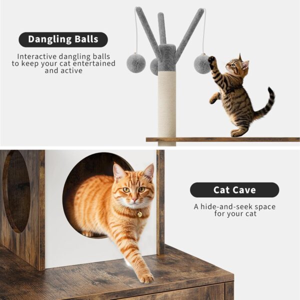 Litter Box Enclosure with Cat Tree Tower Condo - 3-in-1 Cat House Multi-Level Design for Climbing, Wooden Cat Furniture - Image 5