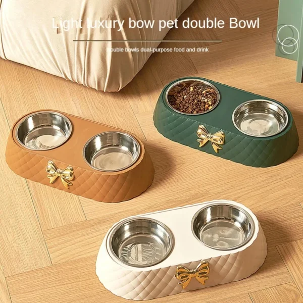 Pet Cat Food Bowl PP Base Bow-tie Bowknot Cat Feeder Stainless Steel Double Bowl Dog Food Feeding Drinking Container Pet Supplie - Image 2
