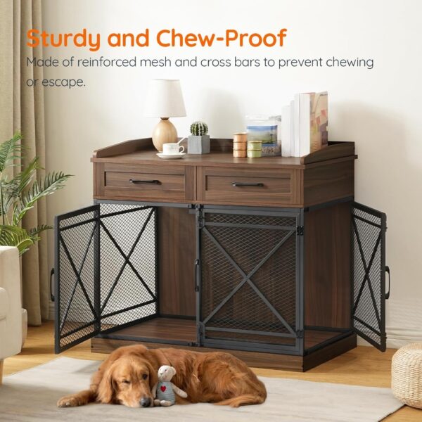 Heavy Duty Dog Crate Furniture, 39.4” Dog Kennel with Drawers, Wooden Dog Cage Indoor Side End Table for Medium Large Dogs, Tri - Image 4