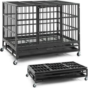 Masterpiece  38 Inch Foldable Metal Dog Crate, Heavy Duty Dog Cage With 2 Lockable Doors, Removable Tray, Lockable Unive