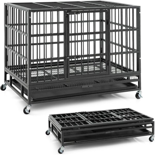 Masterpiece  38 Inch Foldable Metal Dog Crate, Heavy Duty Dog Cage With 2 Lockable Doors, Removable Tray, Lockable Unive