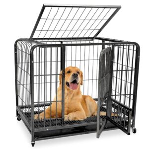 43.3Inch Indestructible Metal Dog Crates For Large Dogs, Heavy Duty Escape Proof Dog Kennel Indoor Extra Large Dog Crate With