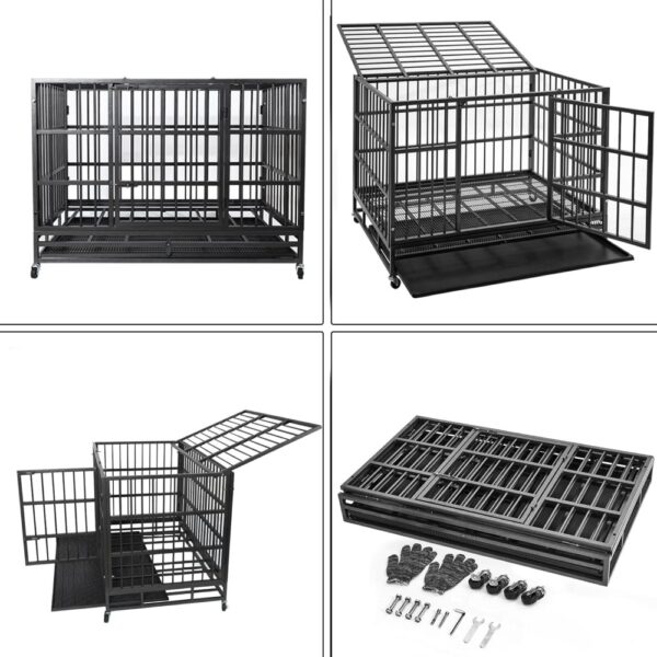 Heavy Duty Dog Crate Cage Kennel with Wheels, High Anxiety Indestructible, Sturdy Locks Design, Double Door and Removable Tray - Image 6