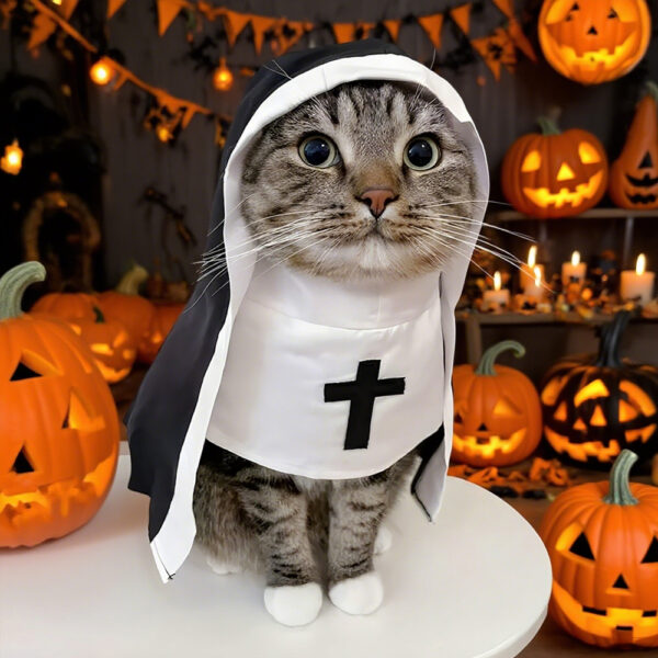 1pc Hallow Funny Pet Nun Costume for Small Cats & Dogs Cross Design for Halloween Parties & Photo Ops Adjustable Pet Nun Costume - Image 2