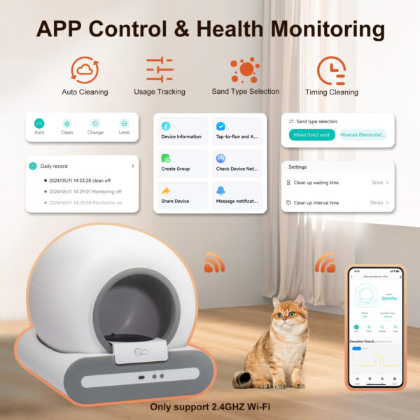 DOEL 65L Self-Cleaning Cat Litter Box App Control, ONLY Supports 2.4G WiFi w/Litter Mat&Trash Bags, Fit for Tofu & Mixed Litter - Image 2