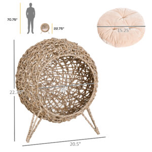 Rattan Classic Cat Bed – Metal Tripod Base, Soft Cushion + Enclosed Design, For Cats Up To 11 lbs
